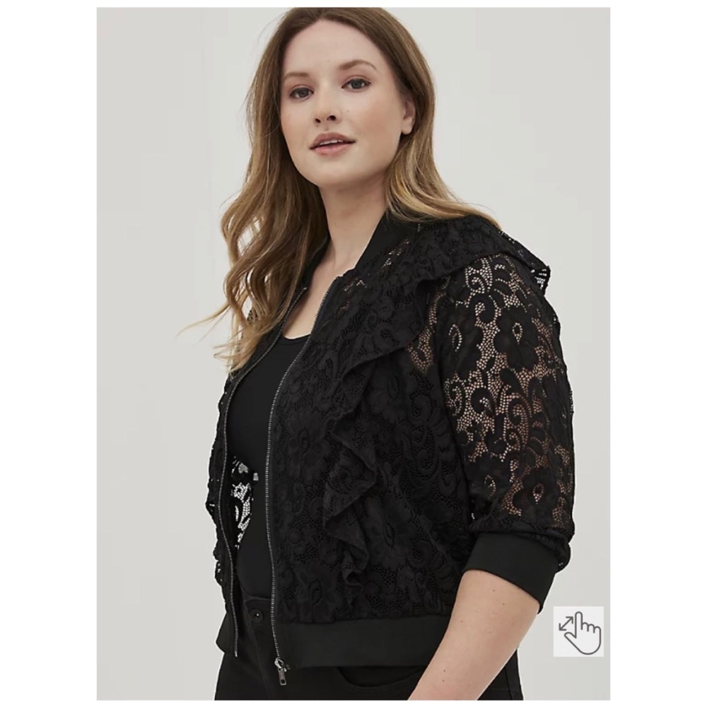NEW Torrid 4 Ruffle Crop Lace Bomber - Black